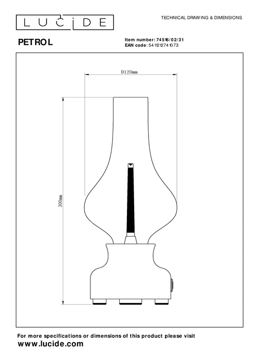 Lucide JASON - Rechargeable Table lamp - Battery pack - Ø 12 cm- LED 3 StepDim - 1x2W 3000K - White - technical